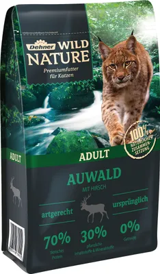 Produktbild von Dehner Wild Nature Katzenfutter Auwald, Trockenfutter getreidefrei, für ausgewachsene Katzen, Hirsch, 1.5 kg