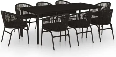 A black dining set with a table and chairs on a white background.