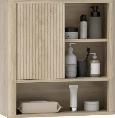 Image de HOMCOM Armoire murale, meuble haut salle de bain avec étagères réglables, porte coulissante et étagères ouvertes, meuble de rangement suspendu, 60 x 20 x 62 cm, bois naturel