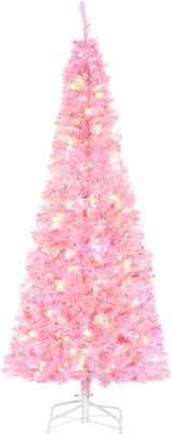 HOMCOM Künstlicher Weihnachtsbaum, Höhe 180 cm, feuerfest, mit 618 Zweigen, 300 LED-Lichtern, IP20, PVC-Blätter, automatische Öffnung, klappbarer Sockel und Metallstütze, Weihnachtsdekoration für drinnen, Rosa