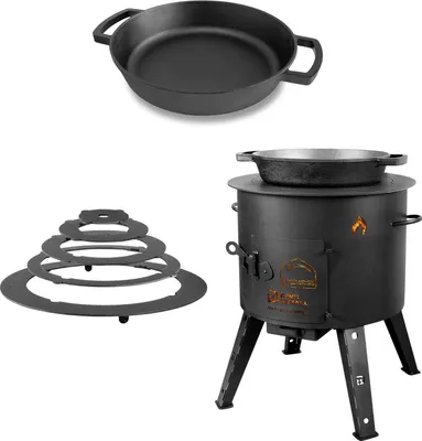 Produktbild von Ø44cm Uchag 2mm Stahl mit Adapter-Ringe Ø36cm Gusseisenpfanne zwei Griffe Bräter Schmortopf Utschag Utschak Feldküche Feuerstelle Campingofen Außenküche Eintopfofen
