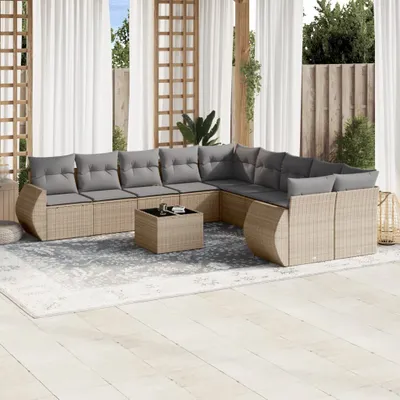 Produktbild von Design 11-tlg. Garten-Sofagarnitur mit Kissen Beige Poly Rattan, Gartenmöbel-Sets 2024 Neu