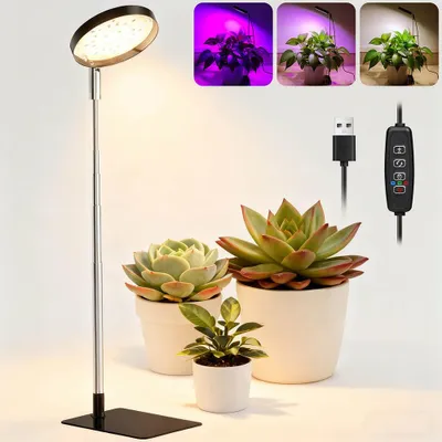 Immagine prodotto di Lampada LED per piante a spettro completo, dimmerabile, regolabile in altezza, per piante da interno, lampada per la crescita delle piante con base e timer, nera