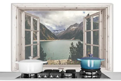 Produktbild von KitchenYeah®  Spritzschutz Küche - Küchenrückwand - Wandschutz für Herd und Spüle - Aussicht - Wasser - Berg 120x80 - Alu-Dibond (Alternative zum Spritzschutz aus Glas) - Hitzebeständig - Herdspritzsc