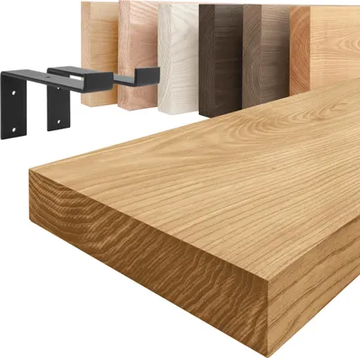 Image de LAMO Manufaktur Étagère murale avec supports en Z noirs | Étagère 120 cm largeur pour salon, espace de travail style industriel | Couleur: rustique, Bord: droit | Qualité artisanale, bois massif