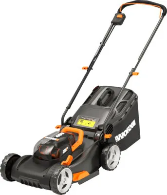 A black and orange cordless lawnmower is shown against a white background.