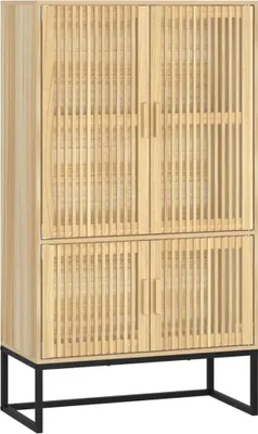 A tall, narrow wooden cabinet with two sets of double doors, each featuring vertical slatted detailing. The cabinet is supported by a black metal frame.
