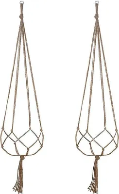 Two macrame plant hangers are shown against a white background.