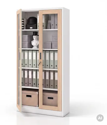 Obrázok produktu pre Jan Nowak: Skriňa na dokumenty, lekárska skriňa, kancelárska skriňa, skriňa s krídlami, vitríny so sklom, 4 police, oceľ, uzamykateľná, 185 cm x 90 cm x 40 cm, biela / dub Sonoma