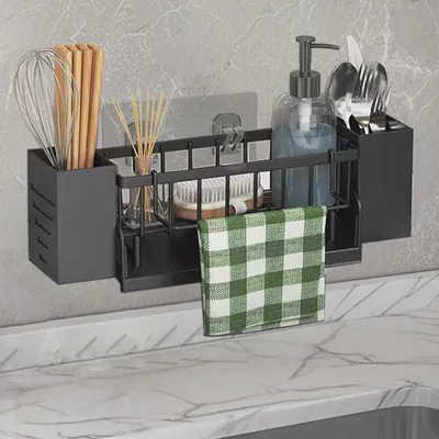 Image de Organisateur pour évier, porte-éponge suspendu – Organisateur pour évier avec porte-torchon et compartiment de rangement, organisateur pour évier en métal avec système de vidange automatique – Aucun perçage nécessaire (noir)