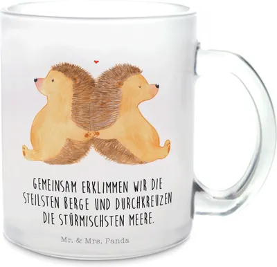 Produktbild von Mr. & Mrs. Panda Teeglas Igel händchenhaltend - Transparent - Geschenk, Haferl, Pott, Hochzeit, Verknallt, Love, Teetasse aus Glas, Lieblingsmensch, Freundin, Verlobung