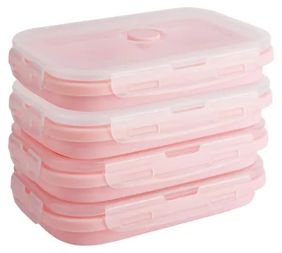 Productafbeelding van Opvouwbare lunchbox, set van 4 – 1200 ml siliconen, opvouwbaar met deksel, BPA-vrij, lekvrij, gemakkelijk schoon te maken, geschikt voor de magnetron en vaatwasser, 20 x 12 x 7 cm, roze