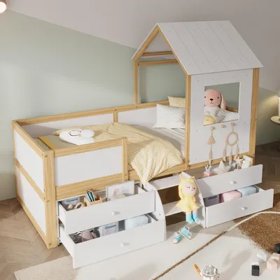 Image de MODFU Lit Enfant Cabane 90x200 cm - Lit Mi-Hauteur avec Barrières et Tiroirs de Rangement, Pin Blanc et Naturel - Sans Matelas