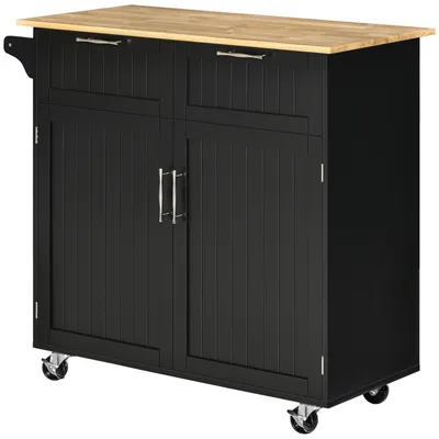 Produktbild von Mehrzweck-Kš¹chenwagen aus Holz mit 2 Schubladen, Schrank und 4 Rollen, 104 x 46 x 91 cm, Schwarz