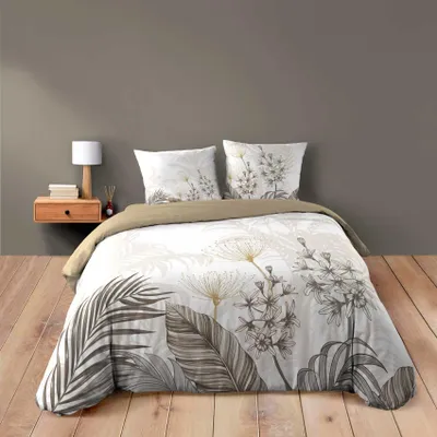 Produktbild von Bettwäsche 3-teilig Baumwolle Motiv Blätter Blumenbezug + 2 Kissenbezüge