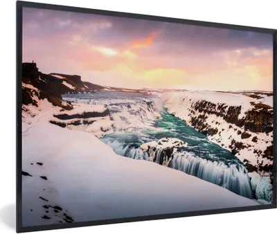 Produktbild von MuchoWow® Gerahmtes Poster Eisbildung am Gullfoss-Wasserfall in Island 90x60 cm - Poster mit Schwarzem Bilderrahmen Wandposter Rahmen Foto Bilder - Fotorahmen - Foto-Plakat