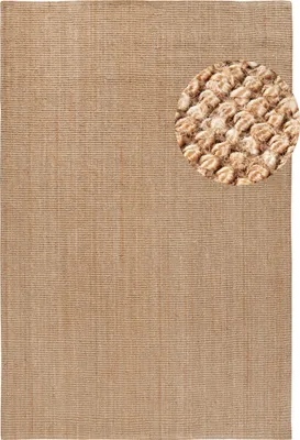 A close-up view of a woven rug with a circular inset showing a textured detail.