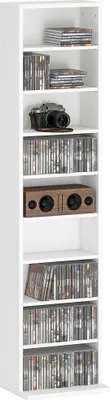 Image de HOMCOM Rangements pour CD et DVD, meuble de rangement multimédia, capacité max. 260 CD/120 DVD, 9 compartiments et 6 étagères réglables, pour salon, chambre, bureau, 33 x 24 x 140 cm, blanc