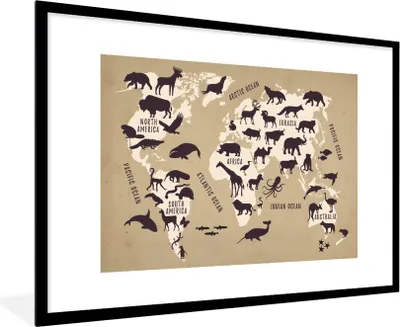 Produktbild von MuchoWow® MuchoWow® Gerahmtes Poster Weltkarte - Tiere - Welt 90x60 cm - Poster mit zchwarzem Bilderrahmen - Wanddekoration - Fotos