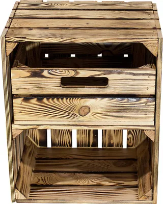 Produktbild von 1x geflammte/verbrannte Holzkiste mit Schublade Quer 50cm x 40cm x 30cm Obstkiste Weinkiste Regal Holzregal Box
