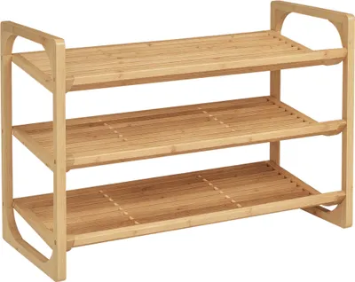 Produktbild von Schuhregal für 9 Schuhpaare, 3 Etagen, erhöhte Kanten, Bambusholz, 76 x 33 x 51 cm