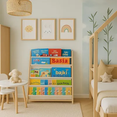 A child's bedroom with a wooden bookshelf filled with books, a small table and chair, and a bed with decorative pillows.