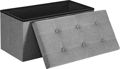 Produktbild von Sitzbank mit Stauraum - Faltbare Ottomane 76×38×38 cm - Hocker mit Aufbewahrung - Bezug in Leinenoptik - Für Schlafzimmer/Wohnzimmer - Hellgrau