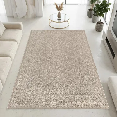 Zdjęcie produktu dla Dywan z recyklingu, kolor taupe, wzór ozdobny, idealny do salonu, wymiary: 200 x 290 cm