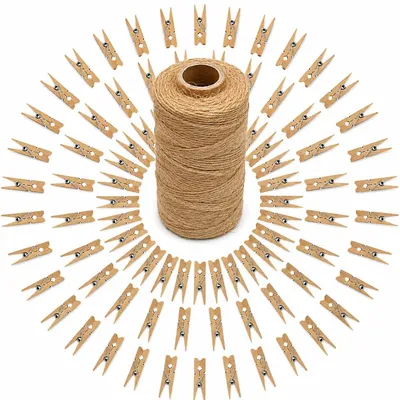 Mini-Holzklammern, 100 Stück, 3,5 cm, mit Juteschnur 30 m