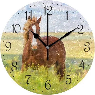 Zdjęcie produktu dla Zegar ścienny Mnsruu Horse and Flower Field, cichy, nie tykający dekoracyjny zegar ścienny, zasilany baterią, 25 x 25 cm, do domu, salonu, kuchni, łazienki, sypialni