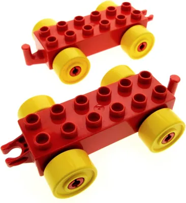 Produktbild von 2x Lego Duplo Anhänger 2x6 rot Reifen Rad gelb Auto Schiebe Zug 4100750 2312c01