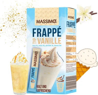 Immagine prodotto di MASSIMO Frappé Vanilla 16 x 250g value pack (160 stick á 25g) Bevanda istantanea in polvere con caffè istantaneo, caffeina, preparazione rapida