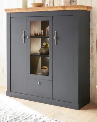 Produktbild von Highboard "Ribera" in grau und Wotan Eiche Landhaus Schrank 141 x 146 cm mit Soft-Close