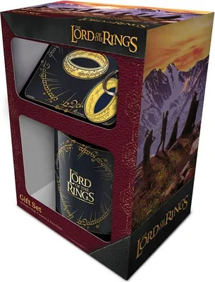 A gift set for The Lord of the Rings, featuring a mug, keychain, and possibly a coaster, all with thematic designs.