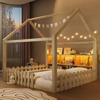 Produktbild von Flieks Kinderbett Hausbett 140x190cm mit Led, Bodenbett mit offenen Staufächern, Kinder Doppelbett Holzbett mit Rausfallschutz, Naturbelassen