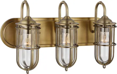 Produktbild von Badezimmerleuchte Glas Metall E27 IP44 B: 54,3 cm Käfig Schirm in dunkles Messing Antik 3-flammig länglich