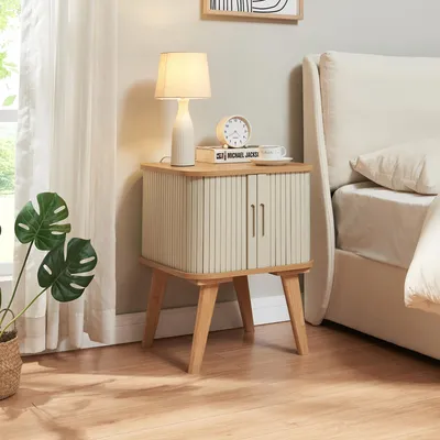 Zdjęcie produktu dla Stolik boczny 'Tysvær' z 2 przesuwanymi drzwiami 59 x 45 x 45 cm bambus / kremowa biel
