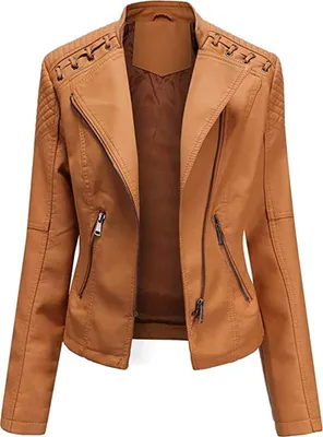 Image de ASKSA FemmePolyuréthaneVeste en cuir synthétique Casual Slim Veste de motard Zip Outwear de moto, Chameau, XXL
