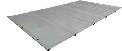 A gray pool cover is laid out on a white background.