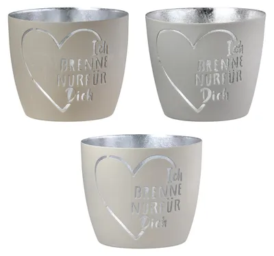 Produktbild von Gilde Windlicht, "Ich brenne nur für Dich", Herzmotiv, Spruch, Metall, beige, grau, H. 8.5 cm, D. 10 cm 53124 4063387531242 3 Stück (3-fach sortiert)