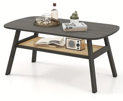 Immagine prodotto di Tavolino da salotto - Tavolino da caffè - Tavolino ausiliario - Tavolino per il soggiorno - Tavolo - Contenitore in rattan - Gambe in legno con rivestimento in gomma