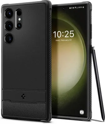 A black phone case is shown next to a smartphone displaying the time and date.