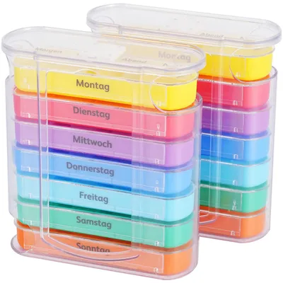 Produktbild von 2er Set Medikamentenbox 7 Tage: Bunt, 4 Fächer täglich – Ein Wochen-Pillendosierer für einfache, sichere Einnahme & Übersicht