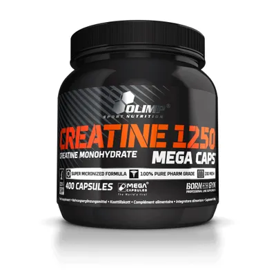 A black plastic container of Olimp Creatine 1250 Mega Caps.