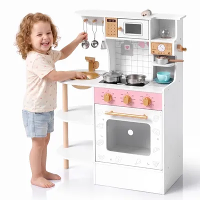 Image de Cuisine pour enfants FCH, cuisine en bois avec accessoires et éléments interactifs, idéale pour les enfants à partir de 3 ans, jeu de rôle de cuisine