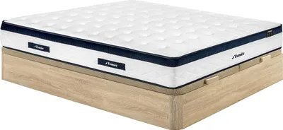Produktbild von Set 180 x 200 cm: Kontinentalbett mit Kommode in heller Naturfarbe + Taschenfederkernmatratze 5 Zonen, kühlender Bezug, Dicke 28 cm - KOROVOU by YSMÉE