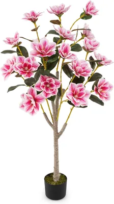 Zdjęcie produktu dla COSTWAY 90cm sztuczne drzewo z kwiatami, sztuczne drzewo magnolii, sztuczna roślina w doniczce, roślina kamelii z łodygami i realistycznym mchem, sztuczny kwiat różowy