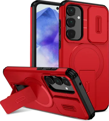 Immagine prodotto di Custodia magnetica per Samsung Galaxy A55, custodia resistente a due strati con protezione della fotocamera scorrevole e supporto regolabile Rosso