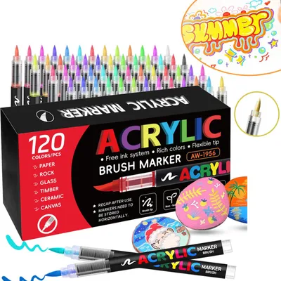Produktbild von 120 Acrylstifte Wasserfest, Acrylmarker mit Pinselspitze 1–5 mm, für Steine, Glas, Holz, Keramik, Stoff und Leinwand