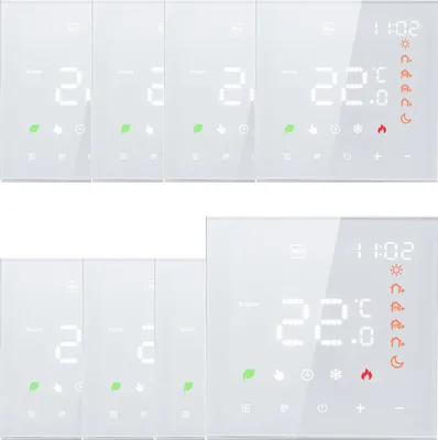 A collage of smart thermostat units displayed against a white background.